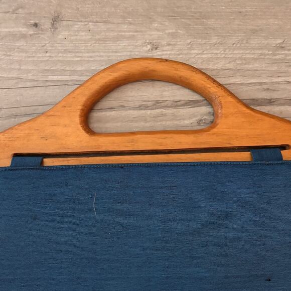 Vtg Doctor Bag Blue Satin Seashell Sequin Wood Top Handle Tote Retro Funky - Picture 4 of 10